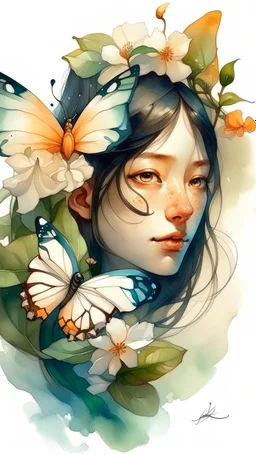 dnd, fantasy, watercolour, humongous strokes, stylistic, portrait, illustration, furry, a butterfly and jasmine flower