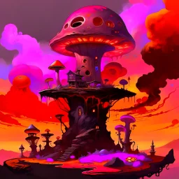 A fantabulous black, orange, and pink (((mushroom tower house))) erected atop a (geologic pillar), surrounded by the uncanny imaginative ((( swirling skies))), offset by the stark hues of a (neon-tinged nebulous space scape), within. captured by the hand a skilled master painter with a focus on (softly blurred compositions and voluminous lighting).