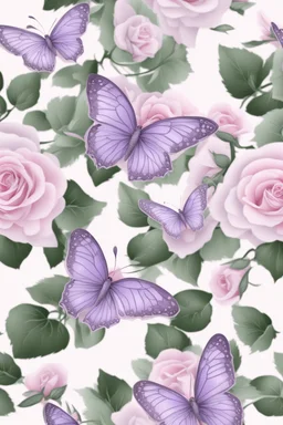 Light pink and light purple butterflies in the snowy winter with roses