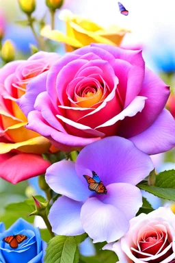 Trés belles roses, rainbows, beautiful colors gardens , flowers, cascades,Birds, butterfly