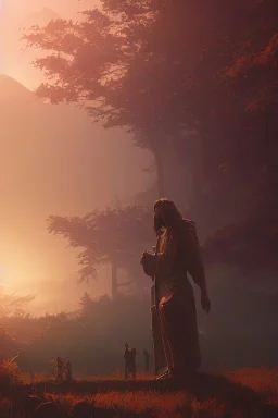  Jesus statue, A beautiful landscape at dawn by atey ghailan, ismail inceoglu, michal lisowski, artstation, volumetric light, high detail, perfect