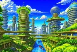 detailed alien cityscape, buildings with balconies, tracks, roads, paths, river, trees, dense foliage, blue sky, white clouds