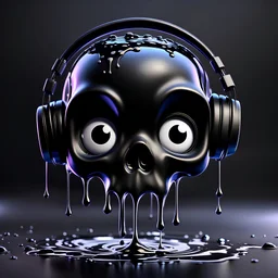 pixar 3d animation style, ((gooey memelting black skull)), fluid form, ((Dripping)), ink drizzle, adorable and cute, photorealistic cg, 3D concept art, bright, fantastical black colour background, playful, soft smooth lighting, funny eyes, wearing black dj headphones, highly detailed, stylised and expressive, sharp, wildly imaginative, skottie young, bold, neon, graffiti, dark pop surrealism, smooth texture, cgsociety, Maya render