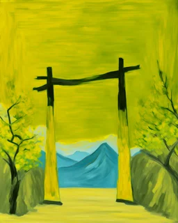 A yellow peak with torii gates in daylight painted by Vincent van Gogh