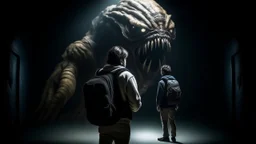 شخص واقف امام وحش مخيف للسفر عبر الزمن الشخص ينضر الا الوحش المخيف ولجو مخيف ومضلم