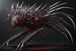 Spindly humanoid creature made entirely of chrome spikes and blades and thorns. It's eyes are glowing red gems. It has four arms.