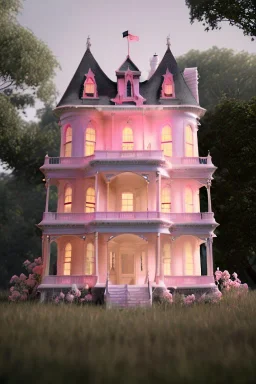 Victorian white house with pink flowers, in the style of Camilla d'Errico, hyper detailed, beautiful, complex, trending on artstation, cinema4d, cryengine, national geographic photo, chiaroscuro