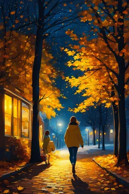 night yellow lights over the street trees autumn leaves under feet ,a Student adult girl with books in her hand walking in street turned back to talk to a boy walks after her few meters away her back