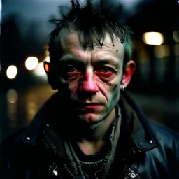 Grainy photo, grunge, 2000s Russia, punk, criminal, rough, confident, older male, extremely pale skin, portrait, dark night