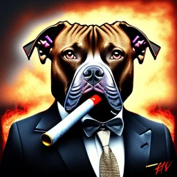  spray paint art,realistic pit bull mafia boss smoking sigar, holding machine gun and wearing suit, city streets,run for cover, book illustration