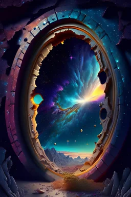 Old Keyhole with a view of the beautiful universe, hyper realistic, hyper detailed, vibrant, bright, 3d rendering, 4k