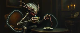 master oil painting by Rembrandt, good afternoon gremlin hydraulic Fathomlurker drinking tea in parlor "An abyssal creature with translucent skin revealing writhing organs, many spindly legs and elongated fingers, eyes like lanterns scattered across its body, tentacles that ripple silently, lurking in black depths, almost invisible, emitting an eerie blue glow."