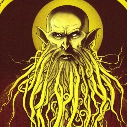 Nosferatu with white skin and a beard made of tentacles as a Russian Orthodox vampire with yellow eyes and vampire fangs