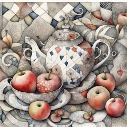 Watercolour and ink patchwork in the style of Jamie Heiden, Walter Crane, Yayoi Kusama, Ivan Shiskin, John Atkinson Grimshaw: zentangle cute whimsical watercolor Still life with apples on a porcelain plate and a teapot crisp quality, ultra detailed, elegant, fantastical, surreal, watercolor and pen, beautiful high definition fine 3D line art, white and grey and red dreamy colours, extremely detailed, intricate, elaborate, HDR, award winning, expressionism, fantastic view, ethereal, fantasy, unsi