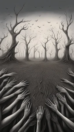 a field of thousands of hands of bodies rising up from the ground not visible, horror, hands in different shapes coming out from the ground towards the sky Busch painting style nightmare and thin line draw, a dry tree no leaves only branches