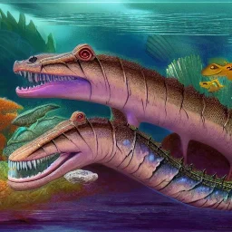 beautiful, stunning paleoart of serpentine eel with alligator head swimming underwater, coral reefs, plants, in the style of eleanor kish, davide bonadonna, julius csotony, fabio pastor, wide field of view, Masosaurus, photorealistic, illustrative, digital art, 8k resolution, detailed matte, painting, artwork, deviantart