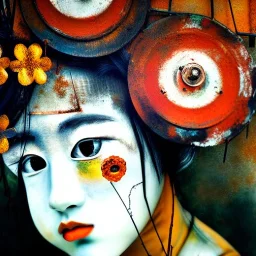 an abstract painting of rusted metal and flowers, Geisha portrait, rust, scaffolding, iron cladding, decay, mixed media, textured, anatomically correct, beautiful perfect face, sharp focus, highly detailed by Renoir 8k