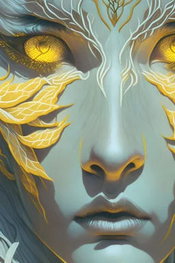 A close-up of the white woman's face, with glowing yellow eyes and sharp claws visible in the foreground, art nouveau botanicals, intricate, highly detailed, digital painting, artstation, concept art, smooth, sharp focus, cinematic, illustration,