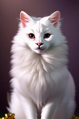 A realistic cute adorable fluffy plushy white smiling cat holding a basket of jewels and gems. His fur is realistic. The background is a romantic carpet bokeh digital painting extremely detailed studio lighting crisp quality and light reflections 8k cinematic lighting portrait photorealistic ultra detailed cinematic postprocessing focused