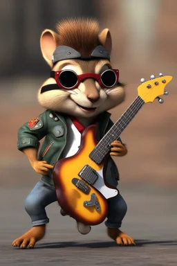 3d animated chipmunk, rockstar with guitar, punk hairstyle, trendy jacket