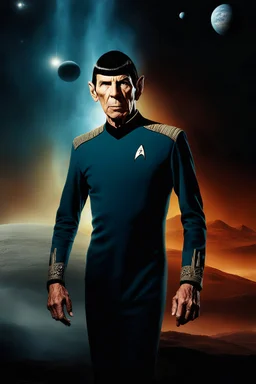 full-length image, Star Trek, extremely muscular Leonard Nimoy as Commander Spock, blue tunic, ultra details, extremely sharp focus, the background of the image is a dark and tenebrous illumination with a reddish fog, ultra-high definition, 16k resolution, masterpiece, Outer Space, Stars, planets, cosmic clouds, galaxies, fog, mist, clouds, smoke, extremely colorful