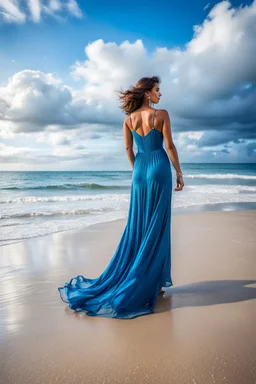 young lady wearing beautiful maxi blue dress standing in beach posing to camera ,ships in sea ,blue sky nice clouds