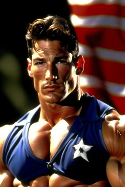 20-year-old, extremely muscular, short, curly, buzz-cut, military-style haircut, pitch black hair, Paul Stanley/Elvis Presley/Keanu Reeves/Pierce Brosnan/Jon Bernthal/Sean Bean/Dolph Lundgren/Patrick Swayze/ hybrid, as the extremely muscular Superhero "SUPERSONIC" in an original patriotic red, white and blue, "Supersonic" suit with an America Flag Cape,