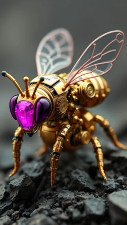 A fusion of organic and Neumorphism elements, depicting a tiny gold bee magenta mecha-larva. Its intricate mechanisms are driven by interlocking clay and complex mechanical lens embedded throughout its massive glassy frame. The mecha's mane is ingeniously replaced with a rotating speedmeter system, amplifying its cybernetic presence. With hyper-techno aesthetics, run searching a foods