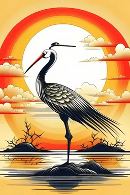 tattoo design of a Japanese crane standing in water with a sun in the background