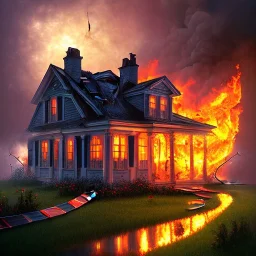 a house on fire in a hurricane, ball guests on roof