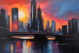 Sunset, city, cyberpunk influence, abstract influence, henry luyten impressionism paintings