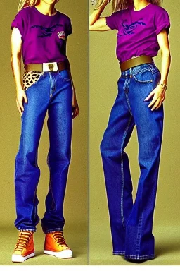 year 1996 denim fashion. Loose fit, low waist, baggy. Combat pants and t-shirt. Colors: denim blue, blue, purple, khaki, light green, lilac, plum, orange, terracotta, red, pink, dark blue, beige. Women models. Patterns: cheetah, balls, stripes.Jennifer Lopez, Gwyneth Paltrow, . Big tennis shoes on. Cargo pants. leg warmer