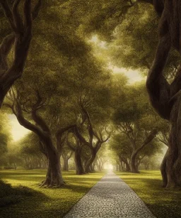 long promenade in a grand garden with ancient trees lining a cobblestone path, perfect composition, beautiful detailed intricate insanely detailed octane render trending on artstation, 8 k artistic photography, photorealistic concept art, soft natural volumetric cinematic perfect light, chiaroscuro, award - winning photograph, masterpiece, oil on canvas, raphael, caravaggio, Angkor