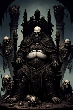 a gigantic, demonic, obese, monstrous, humanoid, warlord, covered in battle scars, missing an arm and a foot, setting upon a throne made of old broken rusty weapons, skulls and bones, and surrounded by a harem of females of different fantasy species and races, all in different stages of pregnancy and dress in the Grim/Dark Baroque neo-gothic Steampunk dystopian future style.
