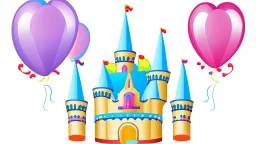 Illustration of a balloon castle, this castle is the party decoration factory. detailed illustration. Children book style.