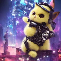 high quality video game sci - fi anggry fluffy! cat!! cyborg soldier with futuristic mechanical parts, cyberpunk monocle!, highly detailed, unreal engine cinematic smooth, in the style of detective pikachu, hannah yata charlie immer, dark blue neon light, low angle, uhd 8 k, sharp focus