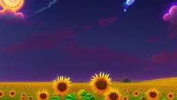purple sky full of stars, sunflower field, anime, high res, makoto shinkai