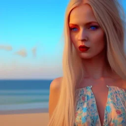 Beautiful full body woman blue eyes long blond hair in an hippy dress on a beach, unreal engine, 4k