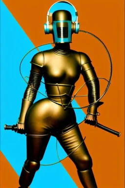 Bronze color, Cyan photograph Cyber-punk, full-mask, AKG-style big headphones, golden rings & disc, fencing mask. Speakers. Kim Kardashian, sword, lightly armored. Thick tights, thick calves, arched fell, wide hip, flat belly. Ancient artifact attached, perfect body. Electronic circuits ear. 5-dimensional Escher tiling background. Daft Punk, Tron Movie. Matrix movie clothes, Red leather areas, tippet, latex. Wicked sneakers. 1990's, old telephone microphone. Surreal. Minimal fashion Futur