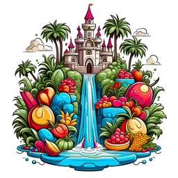 juice kingdom AI design all fruits and add bottle juice in the river