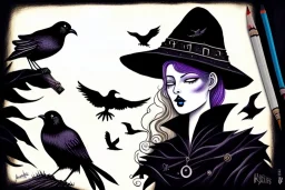 Witch, playing with crows, black cat, perfect iris, ink and pencil, style Elisabeth Kreitz