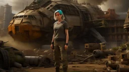 A 60-year-old woman with blond hair, a brown shirt, shorts, and boots, holding an armful of complex equipment, standing in front of a grounded cargo spaceship, with a ruined city in the background.