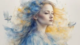 Victorian era, watercolor drawing, double exposure, fine rendering, portrait of a beautiful woman 30 years old, airy transparent dress, double exposure, bird, fantasy, blue, yellow, flowing hair, highlights, sparkles, clear lines, detail, fine drawing, high resolution , 8K, photorealism, precise focus,