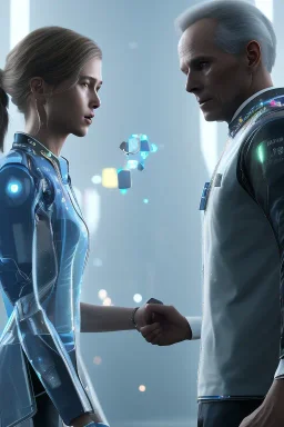 detroit become human, two people looking at each other , sci-fi fantasy style, volumetric lighting, particales,highly detailed,cinamatic, deep colours,8k.