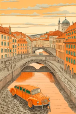 A light rosy orange city with cars and a bridge painted by Vincent van Gogh