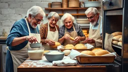 Elderly pensioners baking bread. Weighing ingredients, mixing, kneading, cooking in the oven, and the finished loaves. Everyone is happy. Photographic quality and detail, award-winning image, beautiful composition.