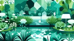 A digital illustration of a garden with a lake. Style is geometric with simple 2d shapes. Colors are light blue, dark green and light grey.