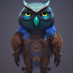 Anthropomorphic blue owl, big green eyes, lots of details, portrait, finely detailed armor, cinematic lighting, intricate filigree metal design, 8k, unreal engine, octane render, realistic, redshift render