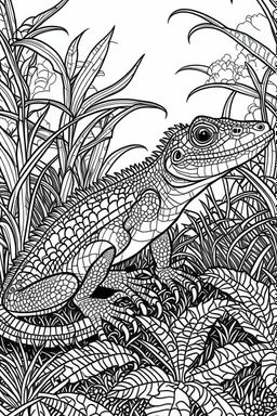 Outline art, lizard in the garden, cartoon style, black and white, low detail, --ar 9:11