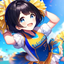 Clear focus,High resolution, Black short fluffy hair, and blue eyes, wearing a cheerleader outfit, smiling, jumping, hands in air